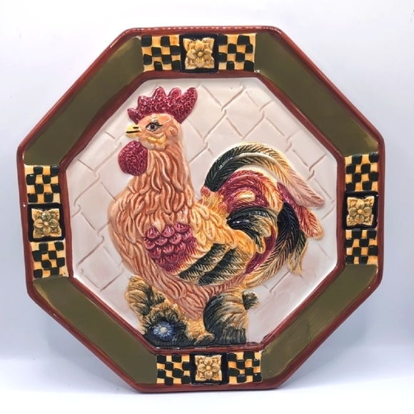 Bella Casa By Ganz Octagonal Rooster Plate With Wall Hanger - Picture 1 of 6